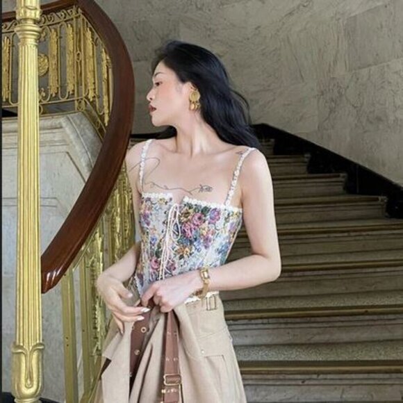 🥑NWT Vntg Style Cowgirl Floral Jacquard Bustier Corset Top Lace up Cropped Top - Picture 5 of 16